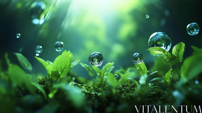 Luminous forest leaves cradle crystal water spheres