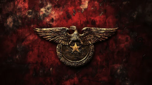 Golden eagle crest spreads wings over distressed red field