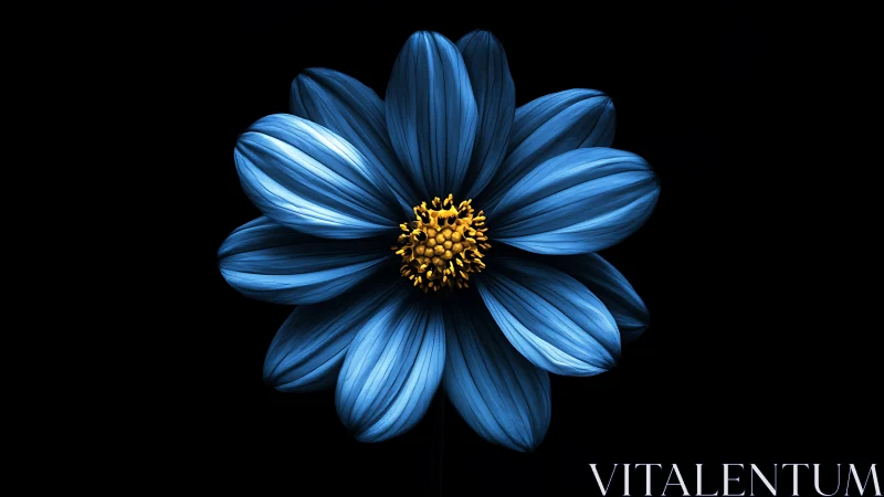 Blue cosmos flower with yellow stamens rendered against black background with dramatic lighting