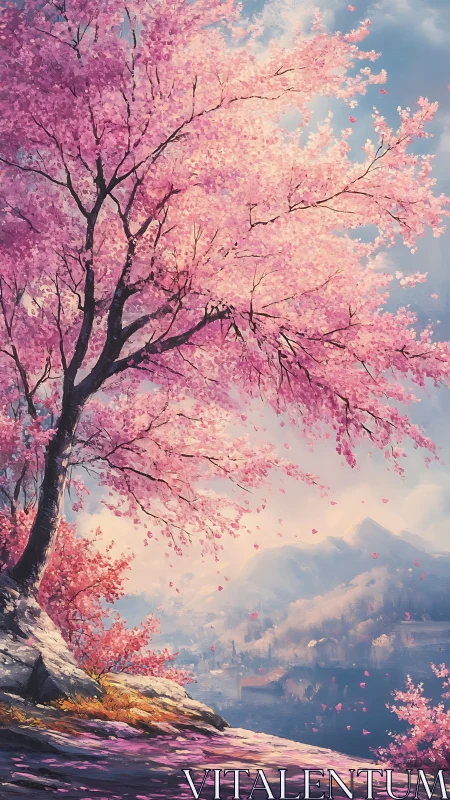 Petal-laden sunrise leans over a misty mountain village