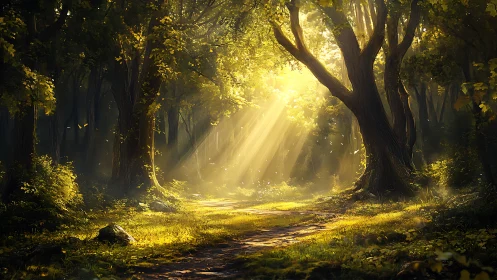 Golden Forest Path: Sunlit Canopy with Radiant Rays.