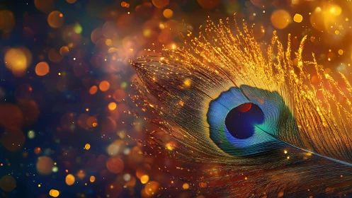 Glowing peacock feather resting in a dreamy golden sparkle.