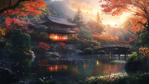 Japanese lakeside pavilion with arched bridge at sunset.