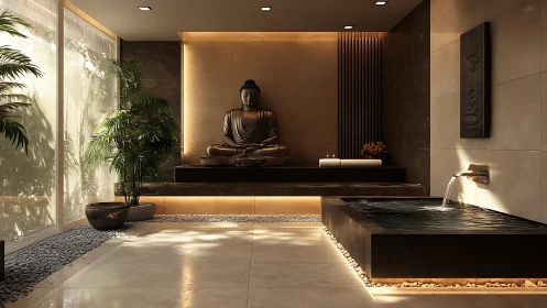 Tranquil spa retreat with Buddha and softly lit water pool.