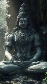 Serene stone deity in forest light inviting quiet reflection.