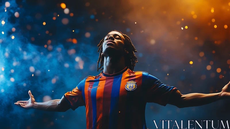 Triumphant footballer embraces stadium lights and glory.