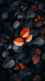 Orange leaves on dark blurred foliage background at dusk.