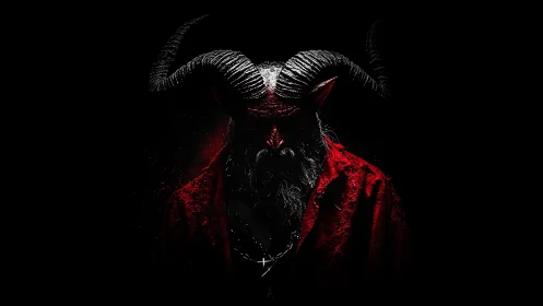 Brooding horned figure wrapped in deep shadowed crimson robes.