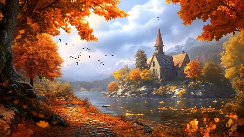 Autumn lakeside chapel rendered with high dynamic range lighting