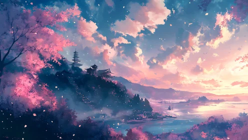 Soft cherry blossom sunrise embraces a tranquil lakeside village