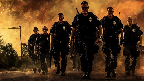Police officers advance in formation against a backlit orange sky