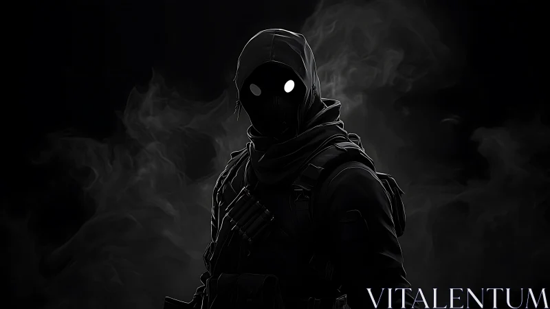Hooded ghost operative stands in smoke-filled darkness