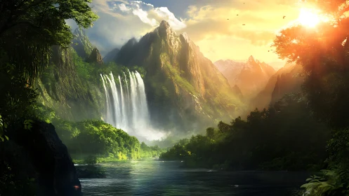 Sunlit jungle valley opens toward towering misty waterfalls.
