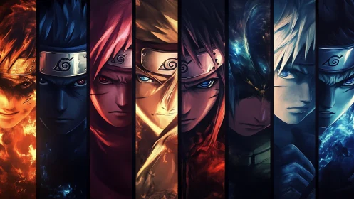 Segmented anime characters with elemental color contrasts.