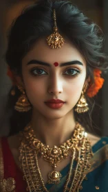 Portrait of jeweled woman with ornate Indian bridal adornment