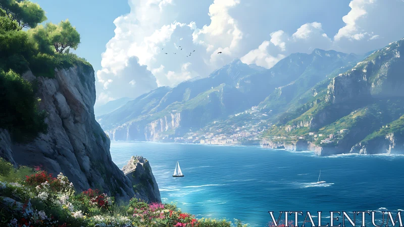 Sunlit Mediterranean cliffs frame a tranquil azure sailing bay