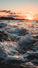 Sunlit surf crashes over coastal rocks at golden hour.