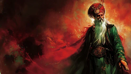 Regal desert sage walking through swirling crimson fire.