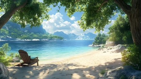 Tropical Shoreline with Adirondack Chair: Rendering Study of Alpine Lake Landscape