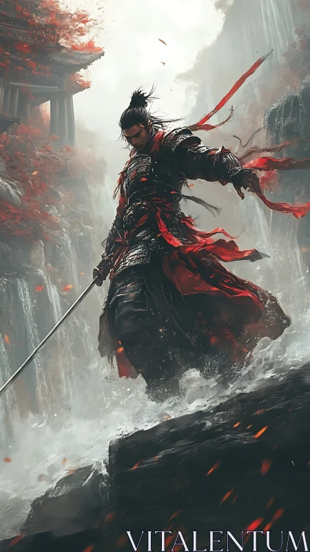 Samurai warrior amid crimson falls in dynamic digital painting.