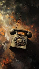 Rotary telephone suspended amid abstract dark backdrop.