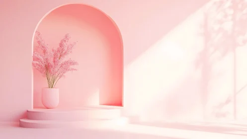 Monochrome blush alcove with volumetric floral diffusion.