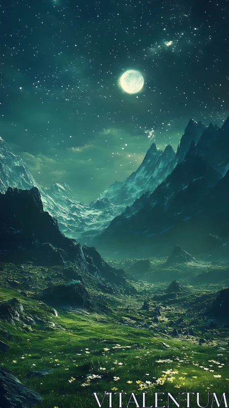 Moonlit alpine valley under star-dense emerald night sky.