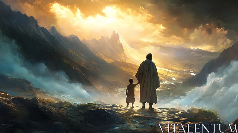 Adult and child stand over misty valley under glowing sky.