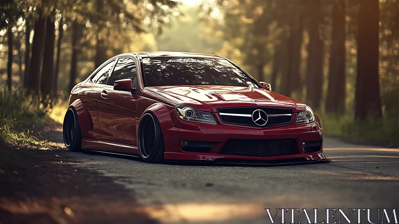 Sunlit red Mercedes coupe rests low on a quiet forest road