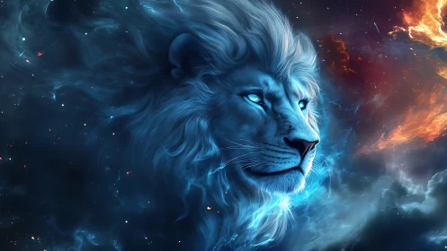 Celestial blue lion profile glows within cosmic nebula