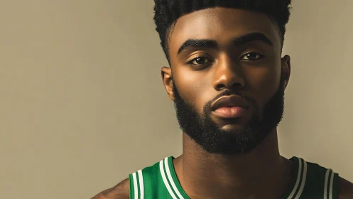 Basketball portrait showcases intense gaze and warm lighting.