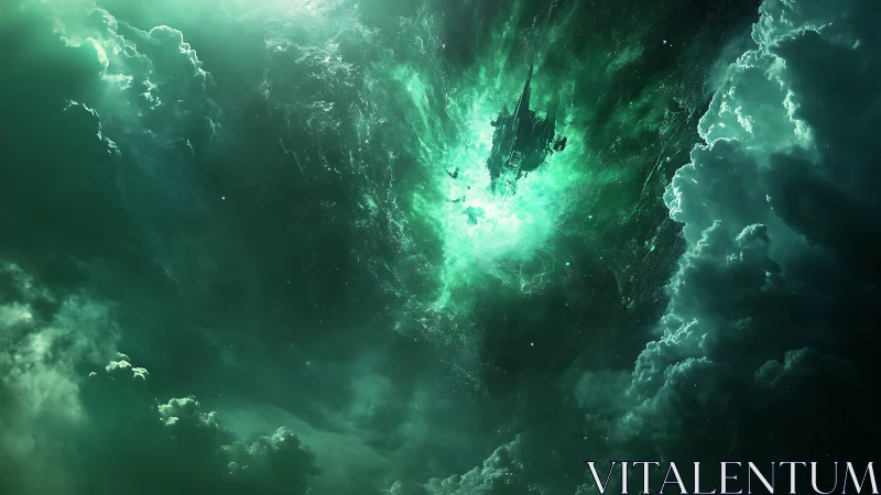 Spaceship structure enters luminous green nebula region