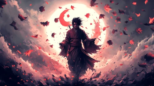 Lone samurai silhouette before full moon and red leaves.