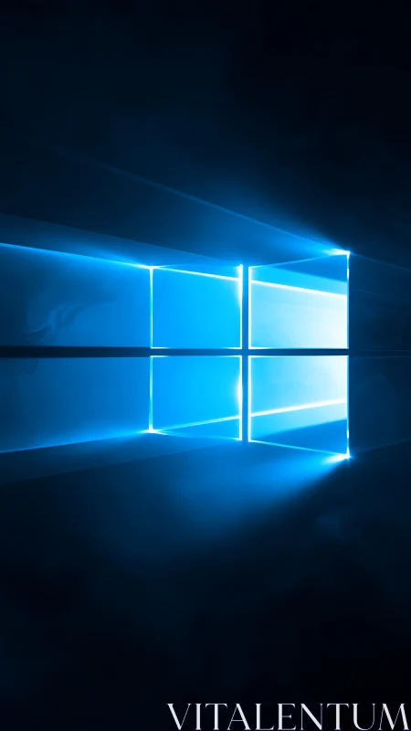 Blue illuminated window logo on dark abstract background.