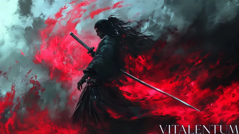 Lone samurai strides through crimson storm of swirling fire