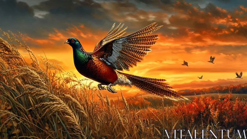 Radiant pheasant rockets skyward through embered harvest dusk.