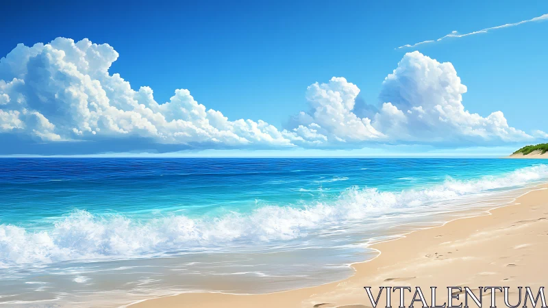 Sunlit tropical shoreline meets bright cumulus cloud horizon