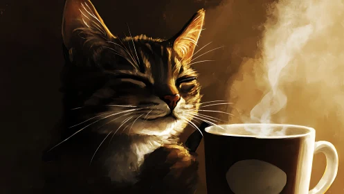 Tabby cat with mug and steam in warm golden light