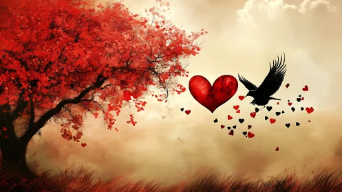 Red Heart and Raven Soaring Through Mystical Autumn Landscape