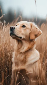 Golden retriever sitting in dry field under soft daylight.