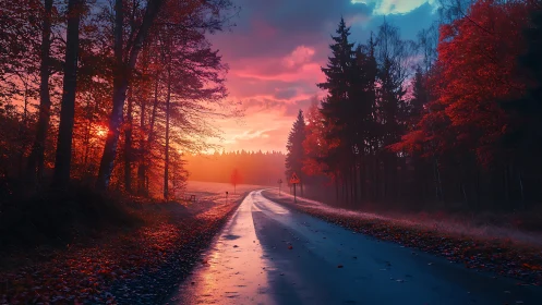 Twilight road drifts through ember-bright autumn forest glow.