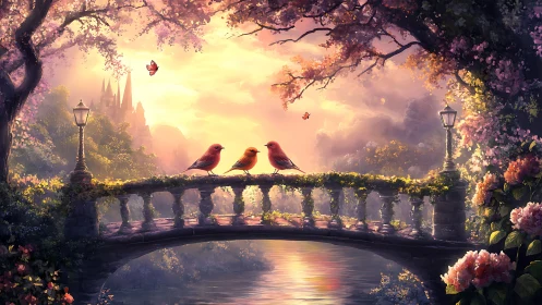 Sunlit songbirds resting on a storybook garden bridge.