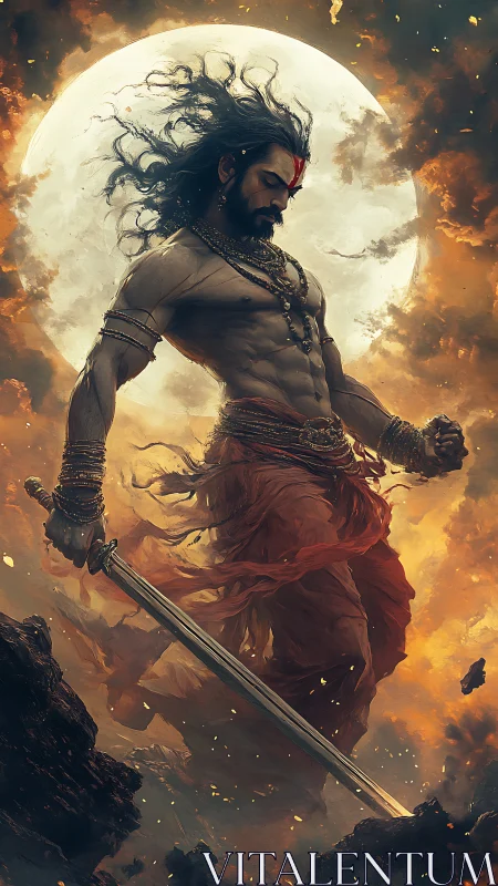 Mythic warrior framed by lunar backlight and dynamic firelit clouds