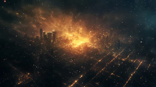 Glowing futuristic city bathed in warm cosmic embers at night.
