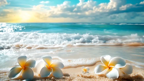 Tropical plumeria blossoms on sunlit wave-kissed shoreline.