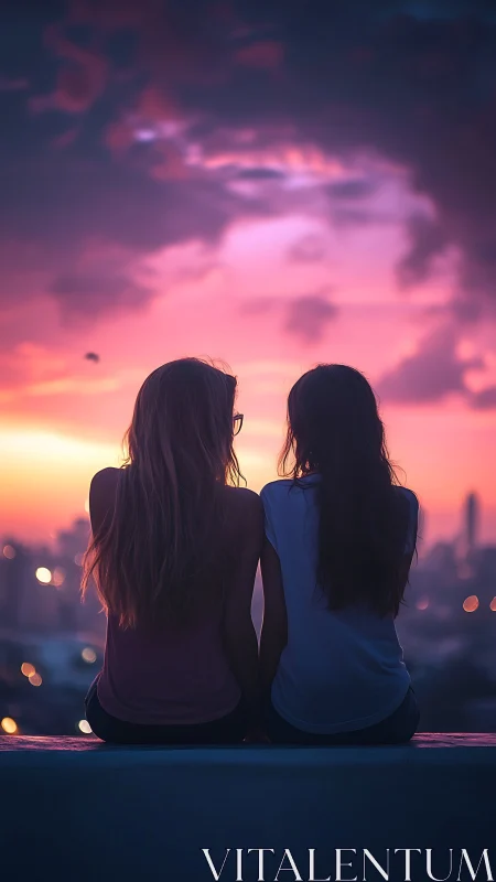 Silhouetted friends watching a neon pink city sunset together.