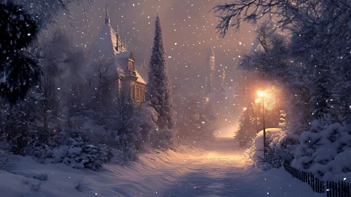 Snow covered village street under warm evening lamplight.