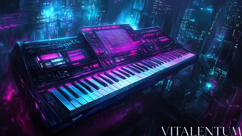 Cyberpunk synthesizer console in neon magenta and cyan glow.