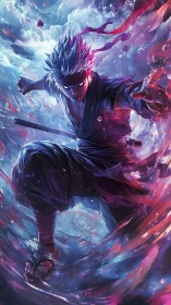 Storm-wreathed anime warrior leaping through swirling energy.