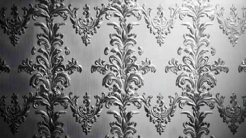 Elegant silver damask wallpaper with baroque floral pattern.